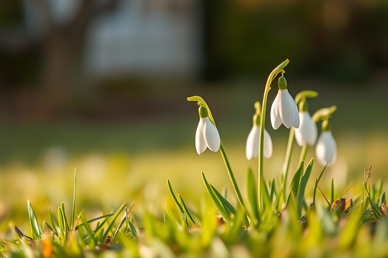 a close-up of snowdrop flowers blooming in soft focus on a grassy field with a blurred background