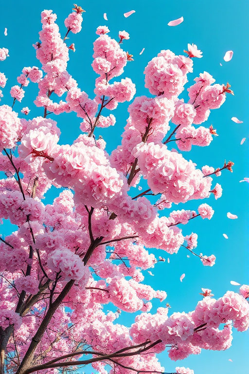 Create a vibrant image of a large cherry blossom tree in full bloom against a clear blue sky with soft pink petals drifting in the breeze, captured with a DSLR camera at 50mm focal length, f/2.8 aperture, ISO 100, in natural daylight, using a high dynamic range style to enhance detail and color vibrancy.
