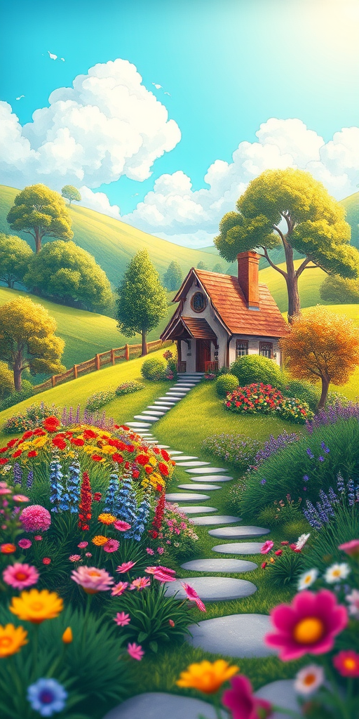 regenerate a colorful cartoon landscape featuring a charming house surrounded by vibrant flowers, green hills, and trees under a bright blue sky with fluffy clouds, using a high-resolution digital illustration style, with a focus on depth of field and soft lighting, captured with a virtual camera setting of 24mm lens, f/8 aperture, ISO 100, and high dynamic range for enhanced detail and vibrancy