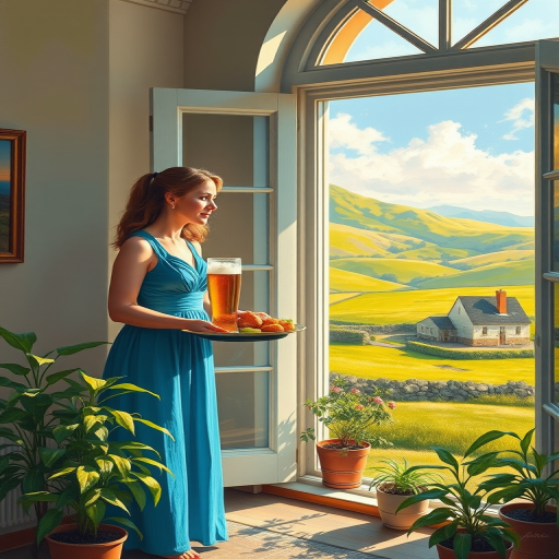 In "A Glass of Beer on the Highland," a serene scene is depicted in a sunlit room where a woman in a vibrant blue dress stands by a large window. She holds a tray with a hearty meal and a frothy glass of beer, embodying a moment of relaxation. Outside, the breathtaking highland landscape features rolling green hills and a charming traditional house, all bathed in warm afternoon light. The interior is adorned with potted plants, creating a harmonious blend of comfort and nature. The painting beautifully captures the tranquility and joy found in simple pleasures amidst stunning scenery