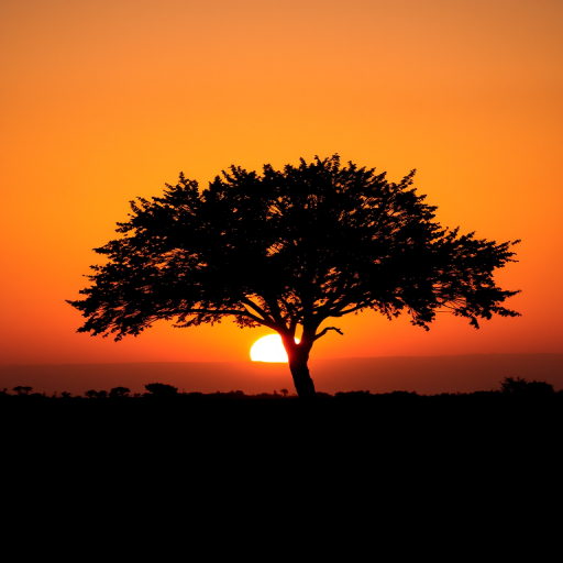 Generate a high-quality image of a silhouette of a tree against a sunset background with a warm color gradient using a DSLR camera, ISO 100, aperture f/8, shutter speed 1/200s, landscape view, and natural lighting.