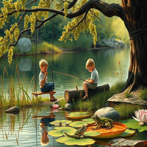 Imagine a small group of old fashioned young boys out fishing by the creek, a swing hanging from a tree branch, reeds and grasses by the water's edge, a frog sitting on a lily pad, dragonflies hovering over som water plans, a very iconic old fashioned scene reminiscent of a Norman Rockwell painting style