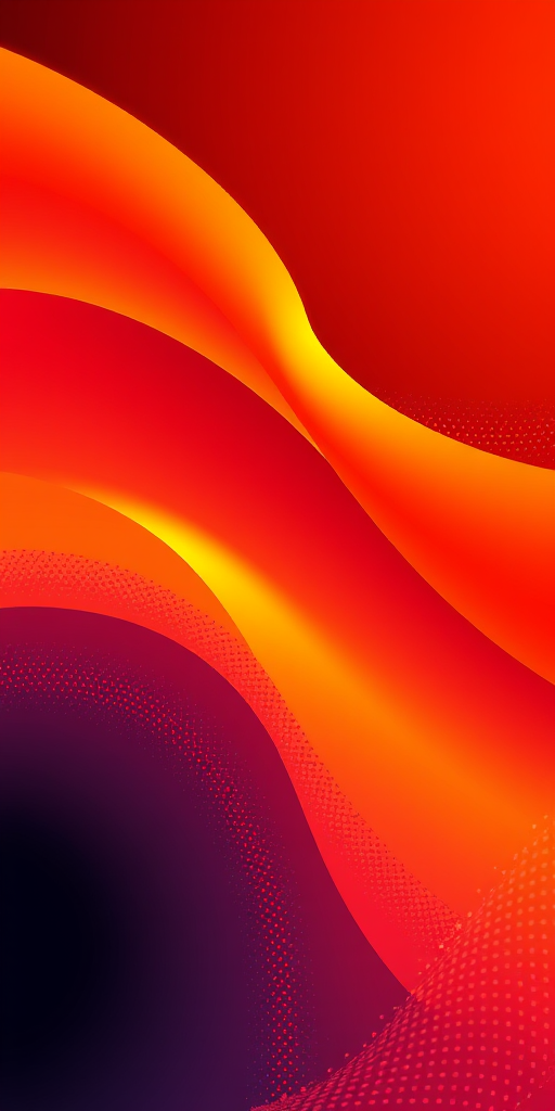 Create an abstract digital artwork featuring vibrant gradients of orange and red, with smooth curves and dotted patterns, using a high-resolution camera, 50mm lens, f/8 aperture, ISO 100, shot at a slight angle for dynamic composition.