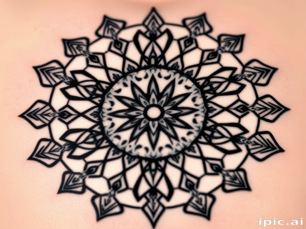 Geometric blackwork tattoo called "Sacred Symmetry" incorporating precise shapes and patterns to form a large-scale mandala design with negative space elements, creating a striking contrast on the skin