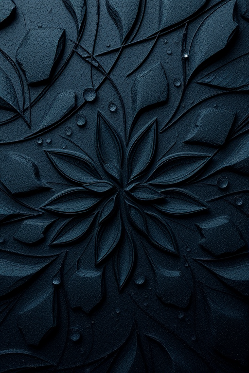 Generate an abstract dark textured pattern resembling natural elements, with high contrast and intricate details; use a Canon EOS R5, ISO 100, f/8, 50mm lens, top-down view, and a soft light style for enhanced quality.