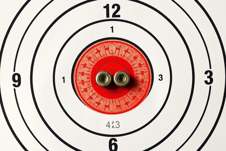 Create a high-resolution image of a target with concentric circles numbered from 1 to 10, with two realistic bullet holes in the center, using a digital camera with a 50mm lens, f/2.8 aperture, 1/200s shutter speed, and a 100 ISO setting for optimal clarity and detail in bright light conditions.