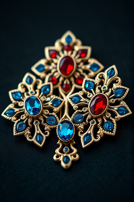 Create a high-resolution image of three ornate decorative pins with blue and red gems, using a Canon EOS R5 camera at f/2.8, ISO 100, 50mm lens, with soft diffused lighting and a shallow depth of field to enhance detail and color vibrancy.