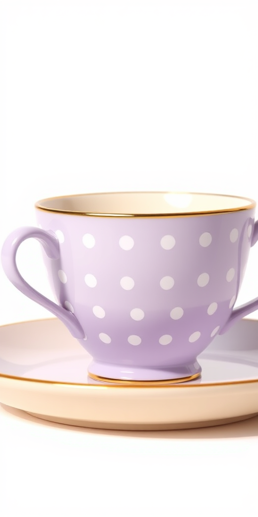 Generate a high-resolution illustration of a light purple polka-dotted teacup on a beige saucer, using a DSLR camera style with 50mm lens, f/2.8 aperture, ISO 100, and soft natural lighting for enhanced details and colors.