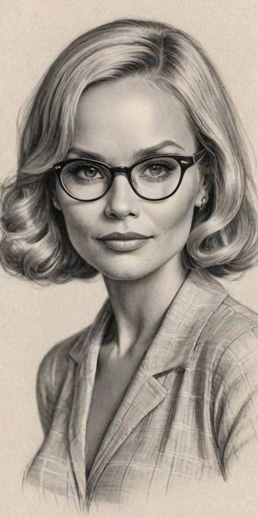 Comely Kristin Chenoweth, pencil sketch, portrait of Magnificent woman 1930s in glasses, hair style beatnik, outline, clear lines, fine lines, 8k