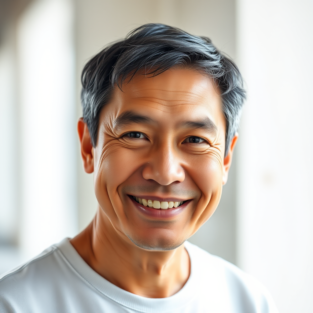 Generate a high-quality vector portrait of a middle-aged Asian man with a friendly expression, shot in 50mm lens, f/1.8 aperture, in natural light, using a mirrorless camera with a soft focus background.