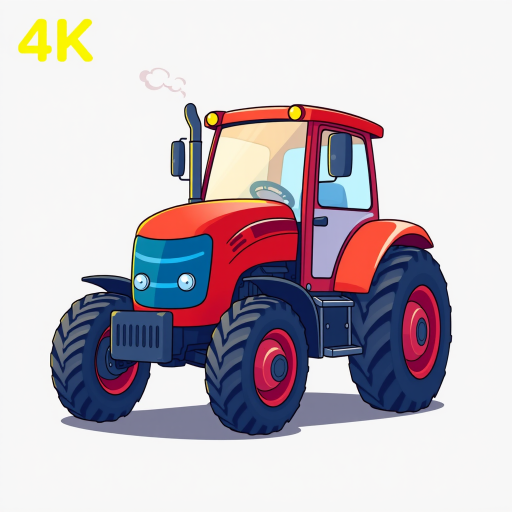 Create a vibrant cartoon-style illustration of a tractor with a bright red body, blue windshield, and a smoke plume, using a digital drawing tablet, in a 4K resolution, with a 35mm lens effect, focusing on a side view with soft lighting.