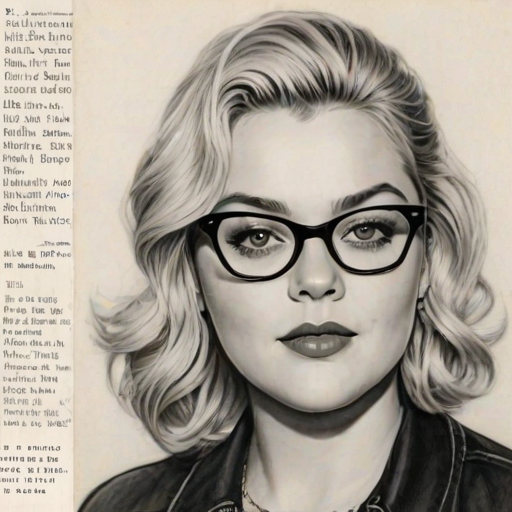 Charming Elle King, pencil sketch, portrait of Stunning woman 1958s in glasses, hair style beatnik, outline, clear lines, fine lines, 8k