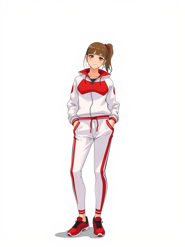 Create an illustration of a fashionable young woman standing confidently with her hands in the pockets of her white and red athletic outfit, using a high-resolution digital art style, camera settings of f/2.8 aperture, ISO 100, 35mm lens, portrait view, with soft lighting for a smooth finish.