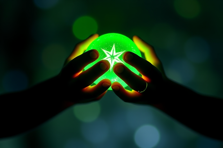 Generate an image of two hands, one black and one light, holding a glowing green orb with a star pattern, using a DSLR camera with a 50mm lens, f/1.8 aperture, ISO 100, and a shallow depth of field for a soft background blur.