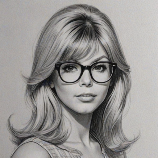 Enticing Nancy Sinatra, pencil sketch, portrait of Captivating woman 1962s in glasses, hair style beatnik, outline, clear lines, fine lines, 8k