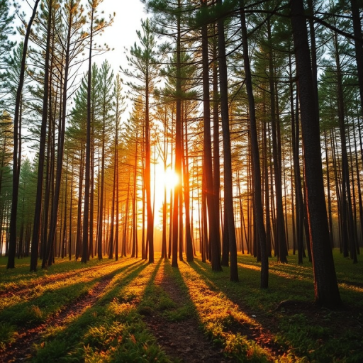 Create a high-resolution image of a tranquil forest scene during golden hour, with vibrant sunlight filtering through the trees, captured with a DSLR camera at f/2.8, ISO 100, 24mm focal length, in landscape mode with a shallow depth of field.