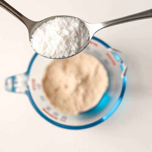 Create a high-resolution illustration of a spoonful of white powder above a clear measuring cup with a light beige powder in it and a separate measuring cup with blue liquid, shot with a DSLR camera at 50mm, f/1.8 aperture, ISO 100, natural lighting, top-down view.
