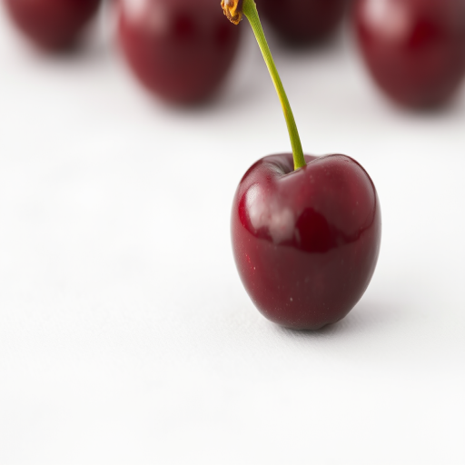 Close-up shot of a single ripe cherry with a stem on a soft white background, using a Canon EOS 5D Mark IV, aperture f/1.8, shutter speed 1/200 sec, ISO 100, natural light for enhanced clarity and detail.