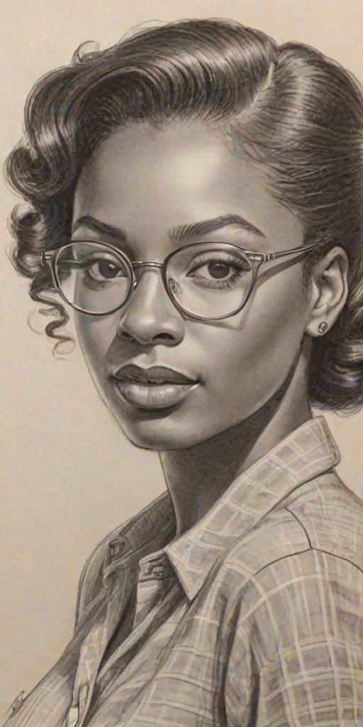 Magnificent Coco Jones, pencil sketch, portrait of Magnificent woman 1942s in glasses, hair style beatnik, outline, clear lines, fine lines, 8k