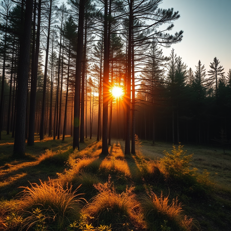 Capture a high-resolution image of a serene forest landscape during golden hour, with soft diffused lighting, using a DSLR camera, 50mm lens, aperture f/1.8, ISO 100, shutter speed 1/125s, shot at eye level for depth and clarity.