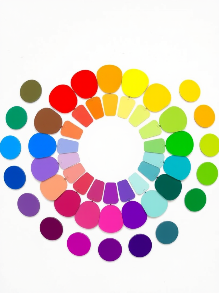 Create a vibrant color wheel with 48 evenly spaced circular color segments in a circular arrangement on a white background, using a Canon EOS R5 camera with a 50mm f/1.8 lens at ISO 100, aperture f/8, and a shutter speed of 1/125s for sharp details and rich colors.