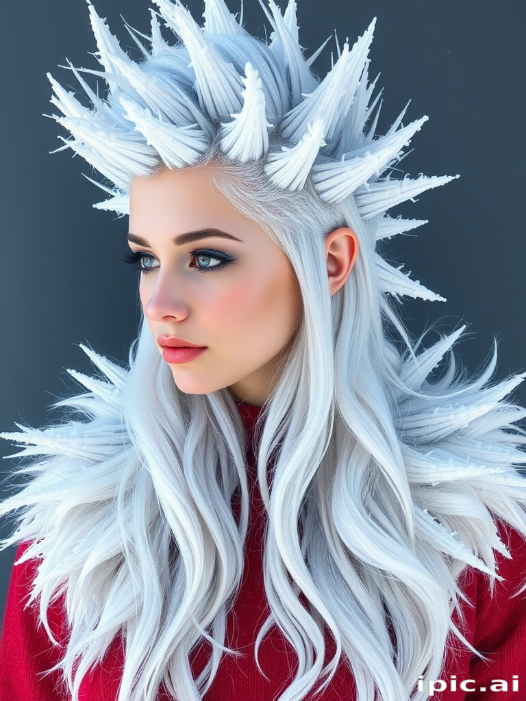 Arctic frost white hair with icy blue undertones, sculpted into sharp spikes and intricate snowflake patterns, embodying the beauty of winter's chill