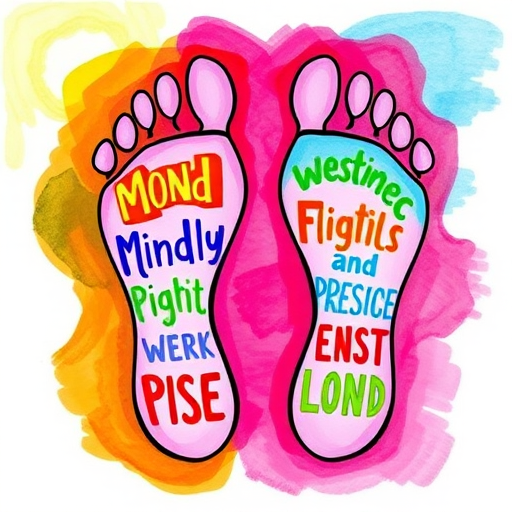 Create a vibrant illustration of two artistic footprints filled with colorful words representing mindfulness and presence, using a high-resolution DSLR camera with a wide-angle lens at f/8 aperture, 50mm focal length, and 1/200s shutter speed for enhanced detail and clarity.
