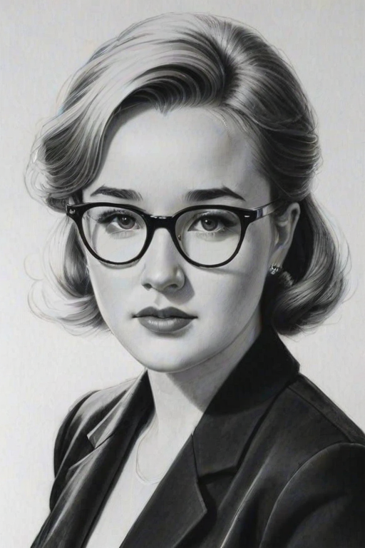Splendid Haley Joel Osment, pencil sketch, portrait of Sublime woman 1950s in glasses, hair style beatnik, outline, clear lines, fine lines, 8k