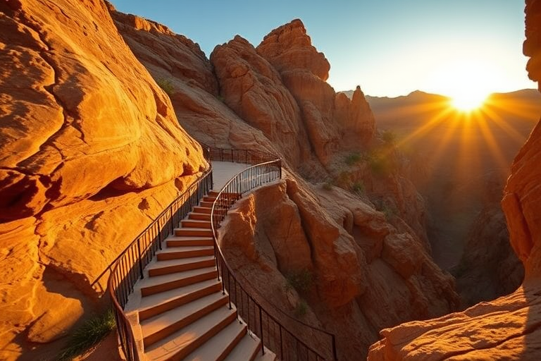 Generate an image of a winding staircase in a rocky canyon during golden hour, captured with a DSLR camera at f/8, 1/125 sec, ISO 200, using a wide-angle lens, in high dynamic range style.