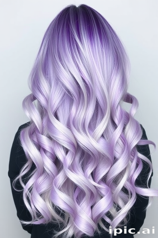 Multidimensional lavender and silver ombre hair named "Twilight Mist," flows in graceful mermaid waves from roots to tips, blending seamlessly from a deep purple crown to shimmering silver ends, creating a magical and ethereal effect that captivates the imagination