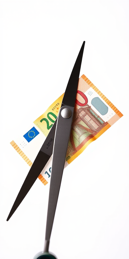 Create an image of a pair of scissors cutting a 20 euro banknote, shot with a DSLR camera using a 50mm lens, aperture f/2.8, ISO 100, in a well-lit studio setting with a clean white background for high contrast and clarity.