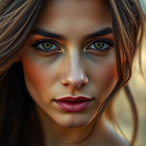 Close-up portrait of a woman with striking features and flowing hair, soft-focused background, natural lighting, 50mm lens, aperture f/1.8, ISO 200, shot with a DSLR camera.