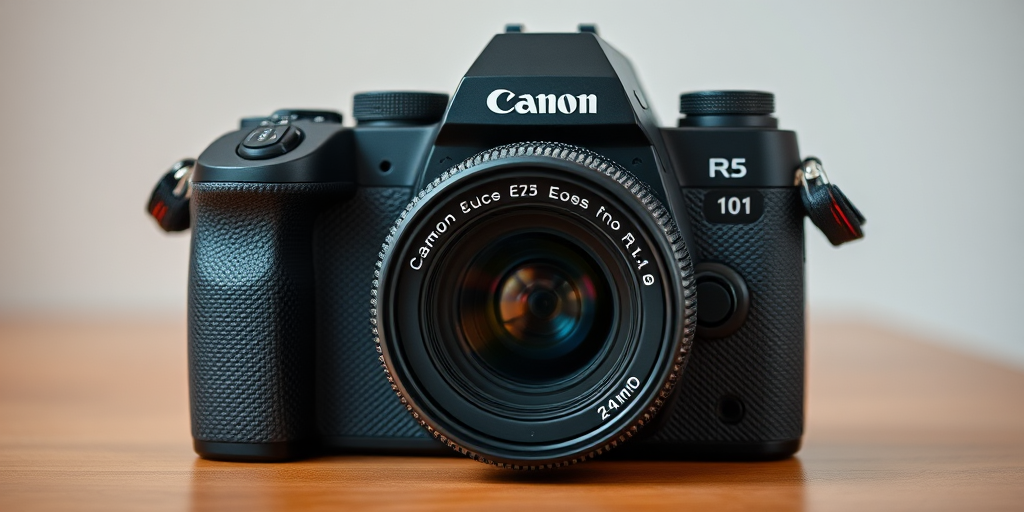 Create an image of a camera, using a Canon EOS R5, f/1.8, ISO 100, 24mm lens, with a shallow depth of field, shot from a slightly elevated angle to emphasize the design.