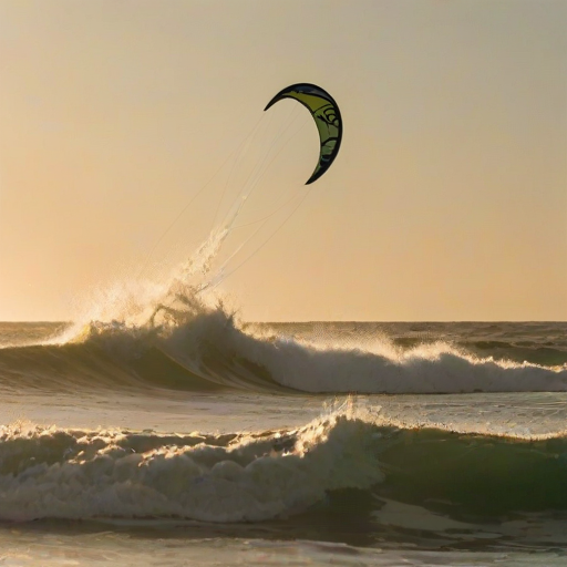 Blurry action shot of a kite surfer catching air over a massive wave, soft sunset light casting golden hues on the water, with a distant horizon barely visible through the spray.