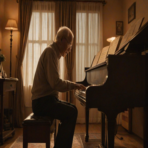 Warmly lit photo of an elderly man playing a piano in a dimly lit room, soft glow from a nearby lamp casting warm shadows on the walls, sheet music resting on the stand, the smell of polished wood and the soft sound of piano keys filling the air.