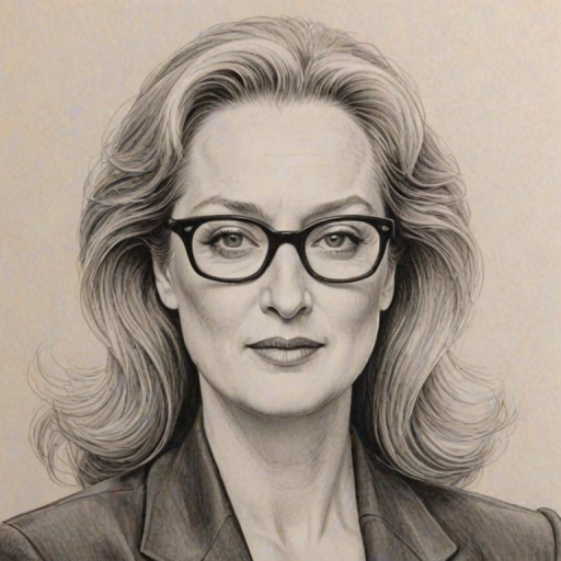 Captivating Meryl Streep, pencil sketch, portrait of Wonderful woman 1972s in glasses, hair style beatnik, outline, clear lines, fine lines, 8k