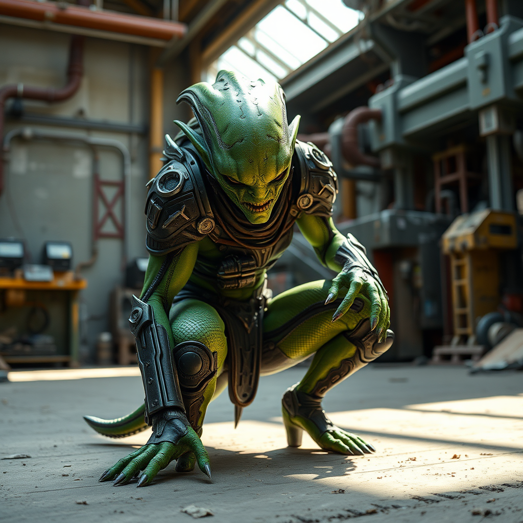 A futuristic alien character with green skin and intricate armor crouching in a sci-fi industrial setting, natural sunlight illuminating the scene, 50mm lens, f/2.8 aperture, ISO 100, wide-angle shot, DSLR camera.