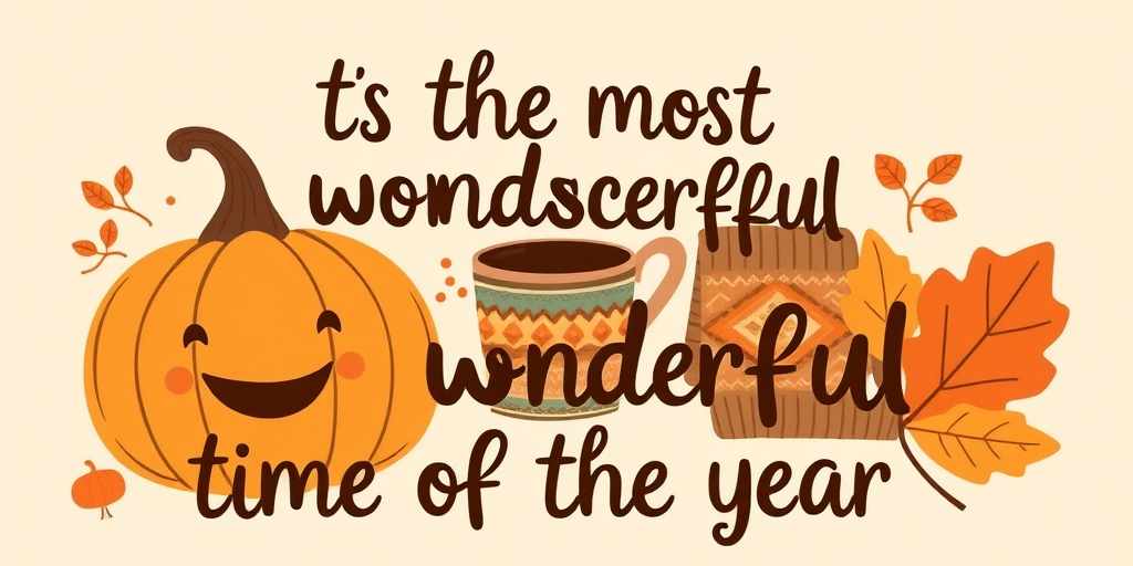 Create a cozy autumn-themed illustration featuring a smiling pumpkin, a warm coffee cup, a colorful sweater, and a vibrant fall leaf with the text its the most wonderful time of the year in a playful font on a soft beige background.