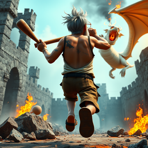 Cartoon 3D High-Resolution,dynamic battle scene using Unreal Engine 5 and Octane Render. The scene features back of an elderly, thai man with a beard,messy hair and round golden-rimmed glasses. He is wearing a tattered tank top with soot marks, shorts, and sandals. sweating. he wields a baseball bat. He jump to fight with a white fire-breathing Europe dragon amidst a partially destroyed stone castle. Include intense flames, smoke, and debris to enhance the dramatic effect.