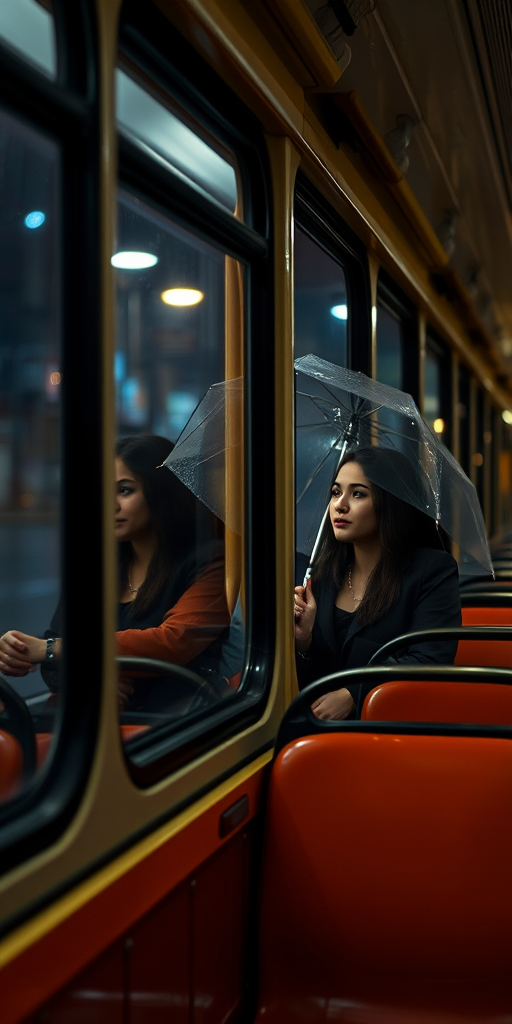 Serious young woman sitting on an empty tram looking out the window and seeing her reflection. The woman reflecting outside the window has an umbrella and smiling. rain , night . the magical atmosphere. glow
