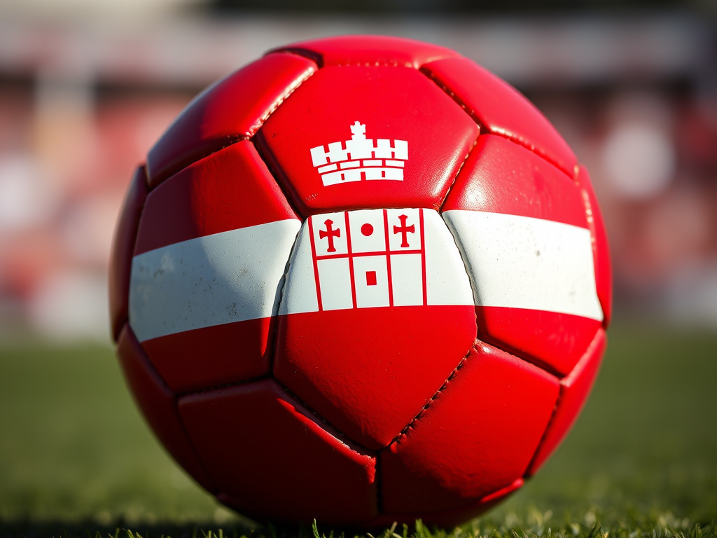 Create a high-resolution image of a soccer ball featuring the Gibraltar flag, highlighting the red castle and key design with a close-up view, using a DSLR camera at f/1.8 aperture, ISO 100, and natural lighting for enhanced texture and detail.