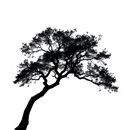 Generate a high-resolution image of a minimalistic black silhouette of a tree against a white background, using a DSLR camera with a 50mm lens, aperture set to f/1.8, shutter speed of 1/100s, ISO 200, and a soft focus effect.