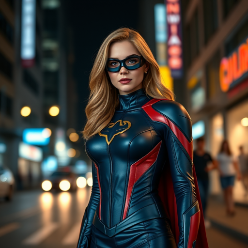 Superheroine in a sleek, dark blue and red suit with a prominent emblem, standing confidently in a vibrant city street at night, high resolution, 50mm lens, f/1.8, ISO 100, soft bokeh background, artificial lighting, cinematic style.