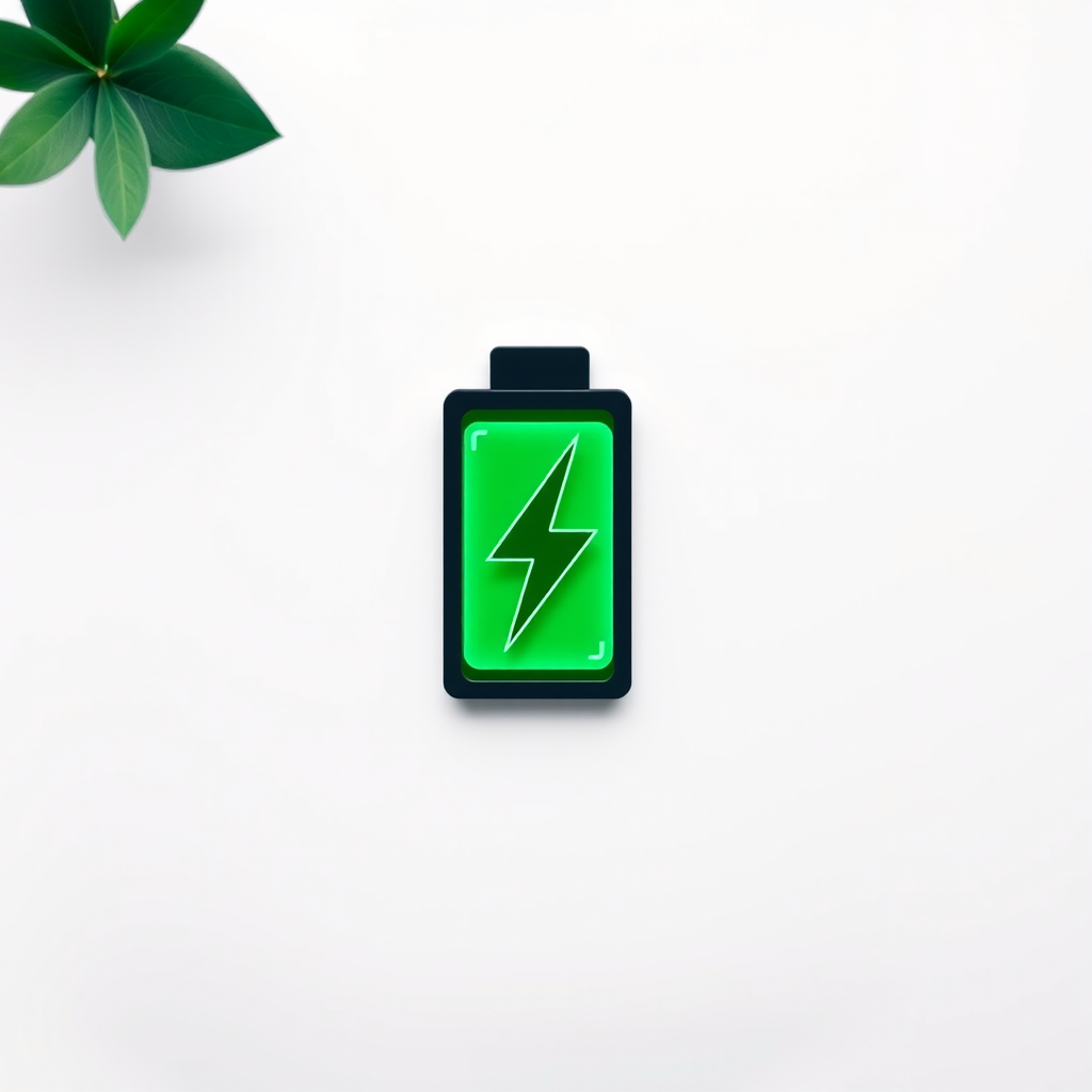 Create a high-resolution vector graphic of a battery icon with a lightning bolt symbol, using a 50mm lens at f/8 aperture, 1/60 shutter speed, and ISO 100, in a flat lay camera view with soft lighting for a clean and modern appearance.