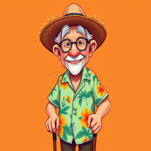 Create a vibrant illustration of a cartoon elderly character wearing a hawaiian shirt and a straw hat, holding a cane, standing against an orange background, using a Canon EOS R5 with a 50mm f/1.2 lens, aperture set to f/2.8, ISO 100, and a soft focus style for a warm, inviting look.