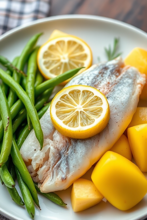 A beautifully arranged plate of fresh fish fillets with lemon slices, surrounded by vibrant green beans and yellow potatoes, captured with a DSLR camera, 50mm lens, aperture f/2.8, ISO 100, natural lighting for enhanced colors and detail.