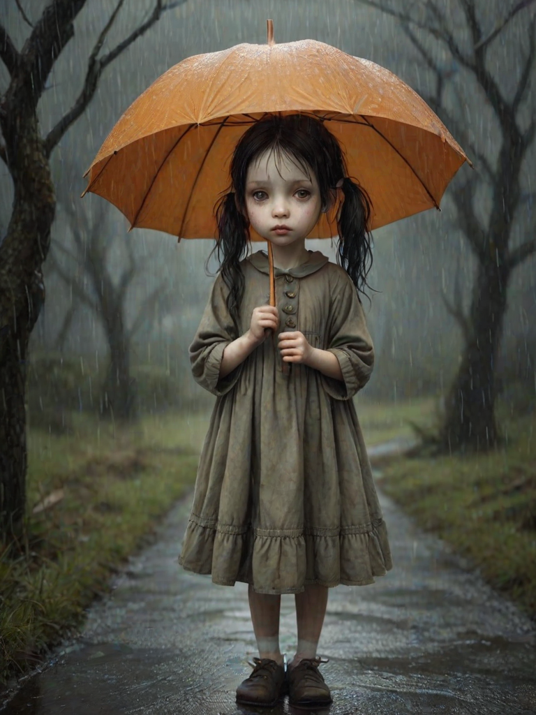 An eerie, weird little girl with dark hair in thin pigtails, wearing a smock dress, standing in the rain, holding a dirty orange umbrella, a small, odd creature beside her. In a surreal style inspired by Nicoletta Ceccoli and Brian Froud. Dark fantasy themes