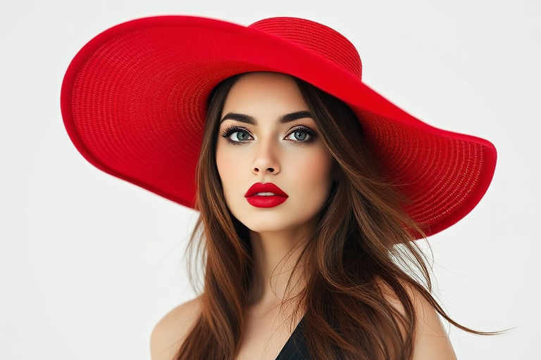 A stylish woman wearing a large red hat, with long flowing hair and striking red lips, shot with a Canon EOS R5, 50mm lens, f/1.8, ISO 100, natural lighting, portrait view, minimalistic background for enhanced focus on the subject.