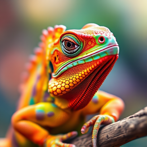 Create a vibrant, high-resolution illustration of a colorful iguana with intricate details and a rainbow gradient, captured with a DSLR camera at f/8 aperture, 1/250 sec shutter speed, ISO 100, in macro view with a soft focus background for added depth.