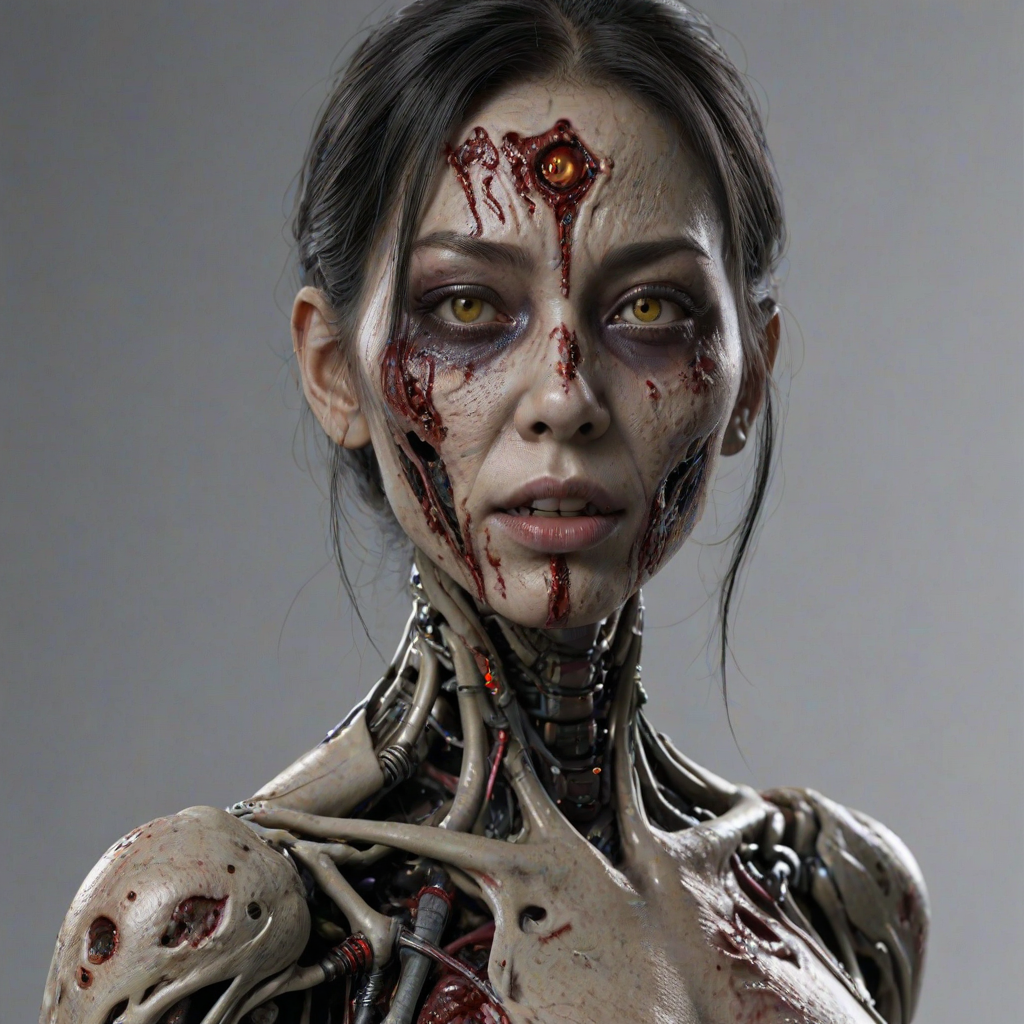 (perspective) of A creepy (ethnicity) zombie cyborg with (descriptive color) skin, (color) lipstick (color) liquid flowing from her eyes and mouth, (perspective two) portrait, (camera angle), extremely detailed, (art style) in the style of Yoshitaka Amano and Tetsuo Hara. --ar 85:128 --style raw --niji 6